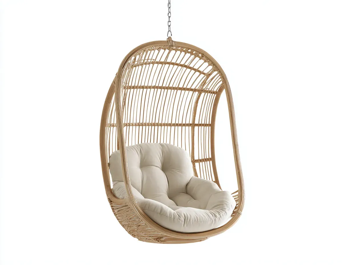 Hamaca colgante de ratán 95x80x124 cm - natural y crema - para exterior con cojín acolchado