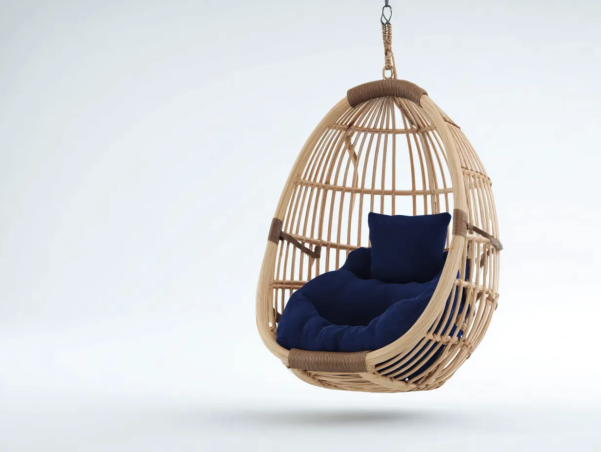 Hamaca colgante de ratán 105x75x125 cm - natural y azul marino - para exterior con cojín envolvente