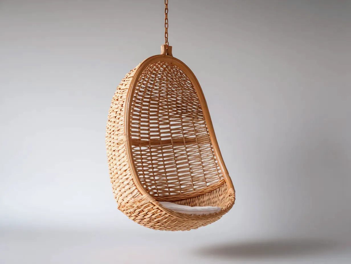 Hamaca colgante de mimbre 90x68x116 cm - natural y blanco roto - para exterior con cesta ligera