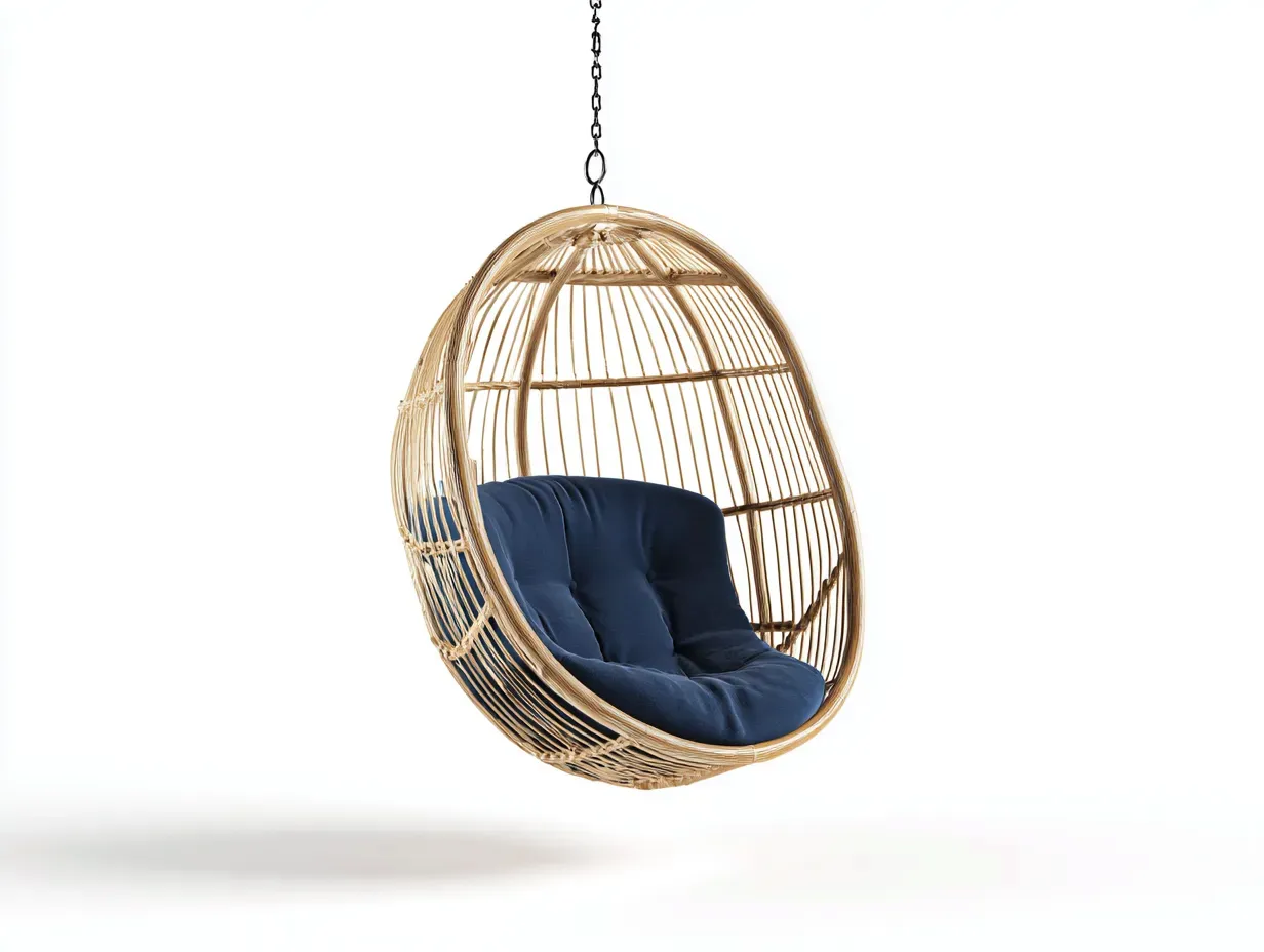 Hamaca colgante de ratán 96x70x120 cm - natural y azul marino - para exterior con asiento redondeado