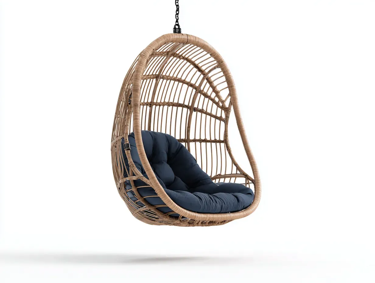 Hamaca colgante de mimbre 102x74x118 cm - natural y azul marino - para exterior con respaldo integrado
