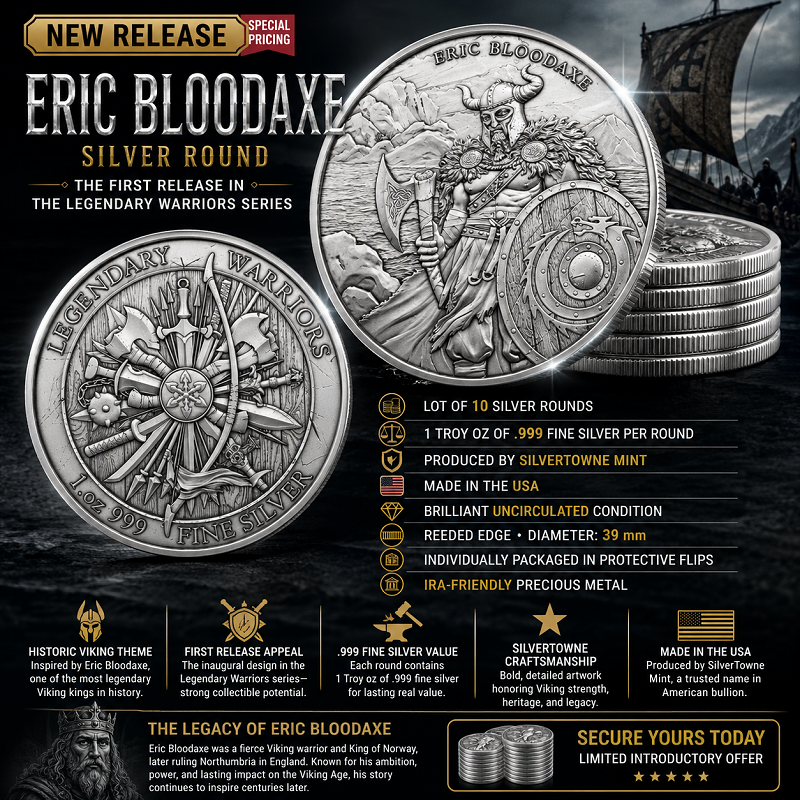 Legendary Warriors Eric Bloodaxe - .999 Pure Silver Round, 1 Troy Oz