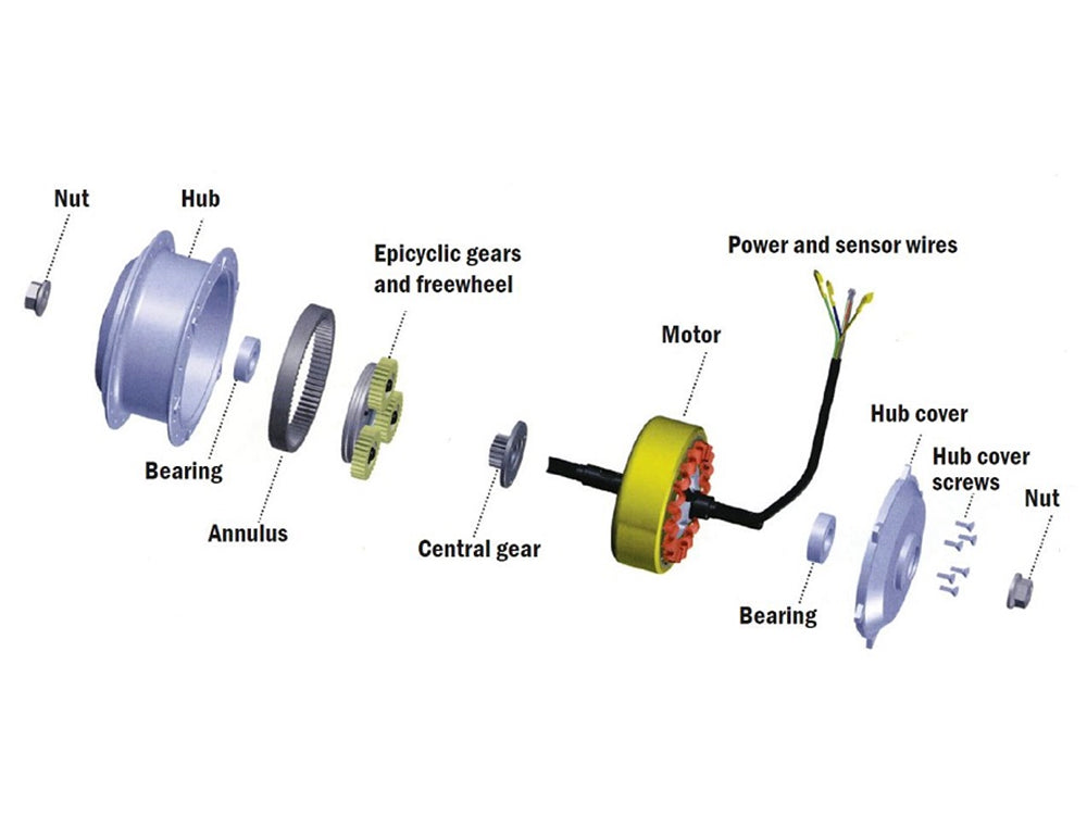 Diagram showing the internal components of an e-bike hub motor inside a wheel.