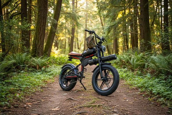 A rugged QNUT fat tire ebike parked on a dirt trail in the woods.
