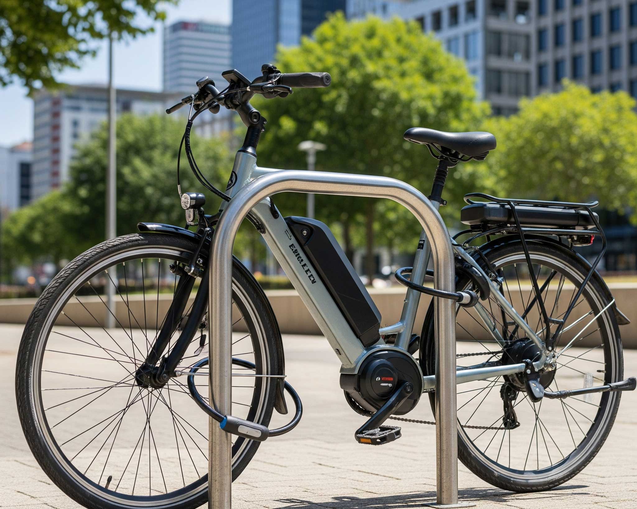 Ebike correctly secured to metal bicycle racks
