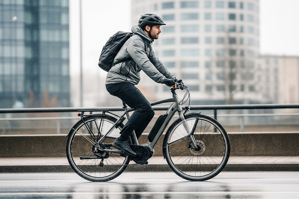 Commuter riding in light rain with fenders