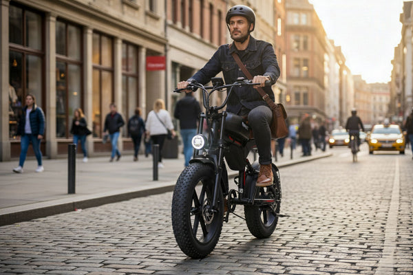 A person commuting in the city on a stylish QNUT BK20 fat tire ebike.
