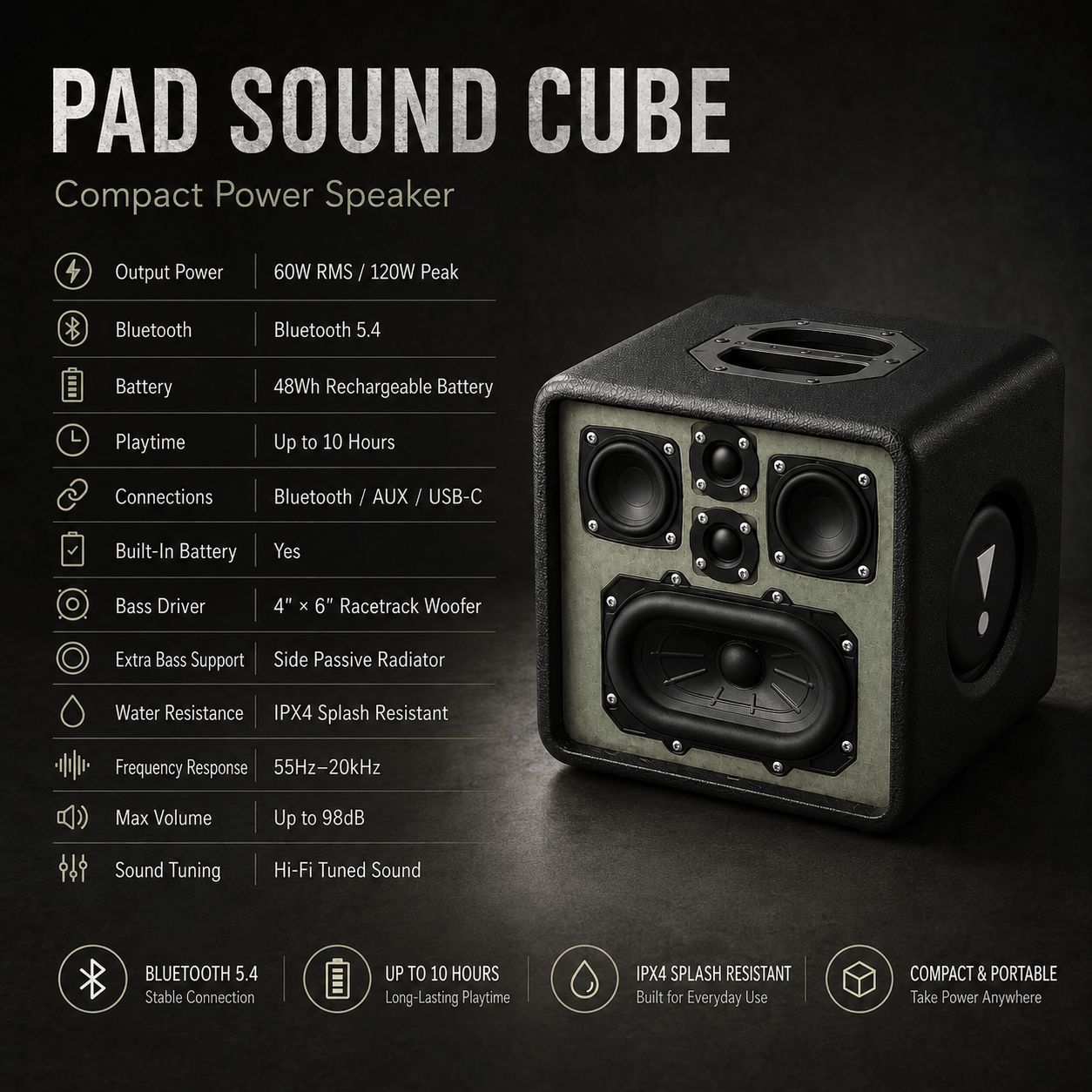 PAD SOUND CUBE — Compact Power Bluetooth Speaker