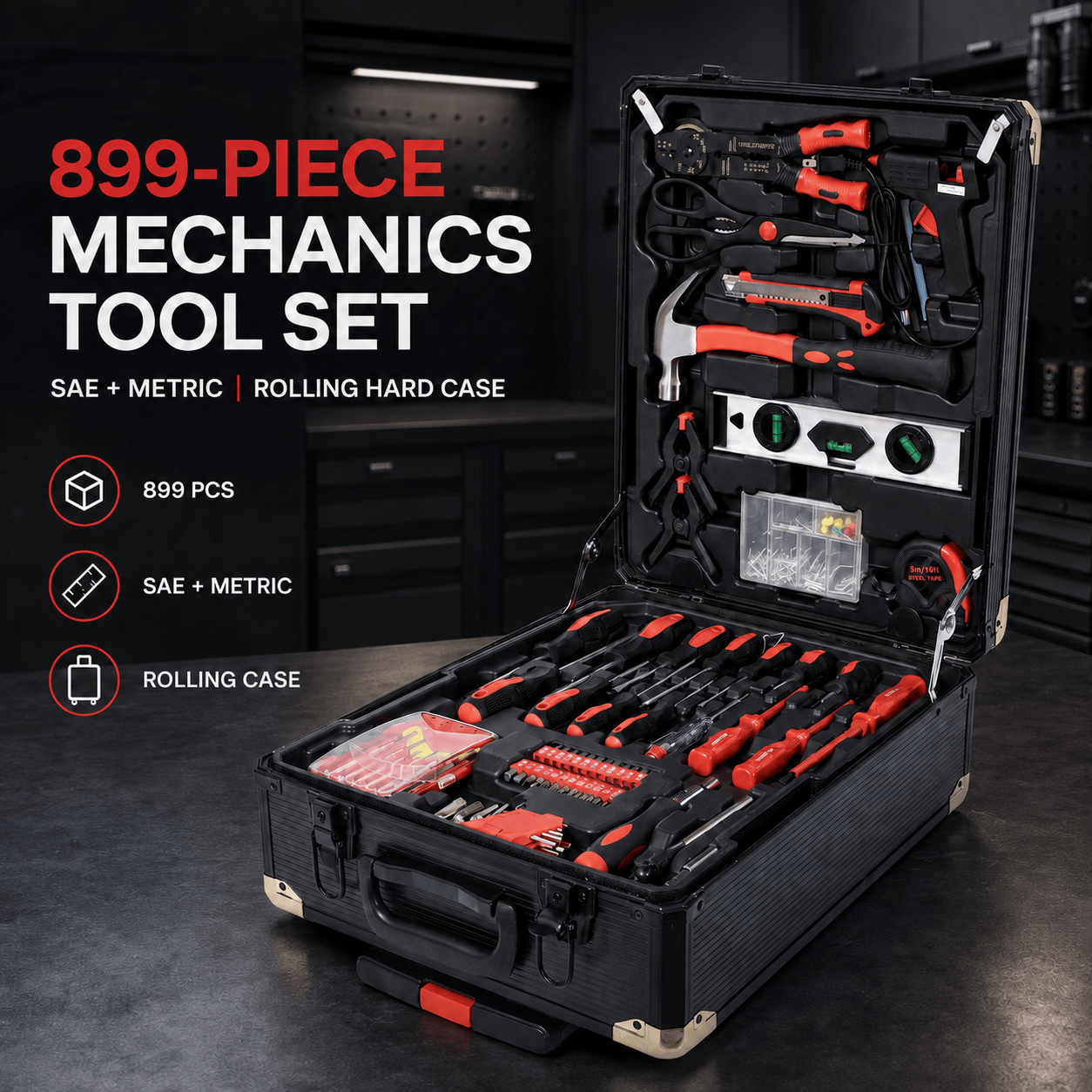 899-Piece SAE & Metric Mechanics Tool Set with Rolling Hard Case
