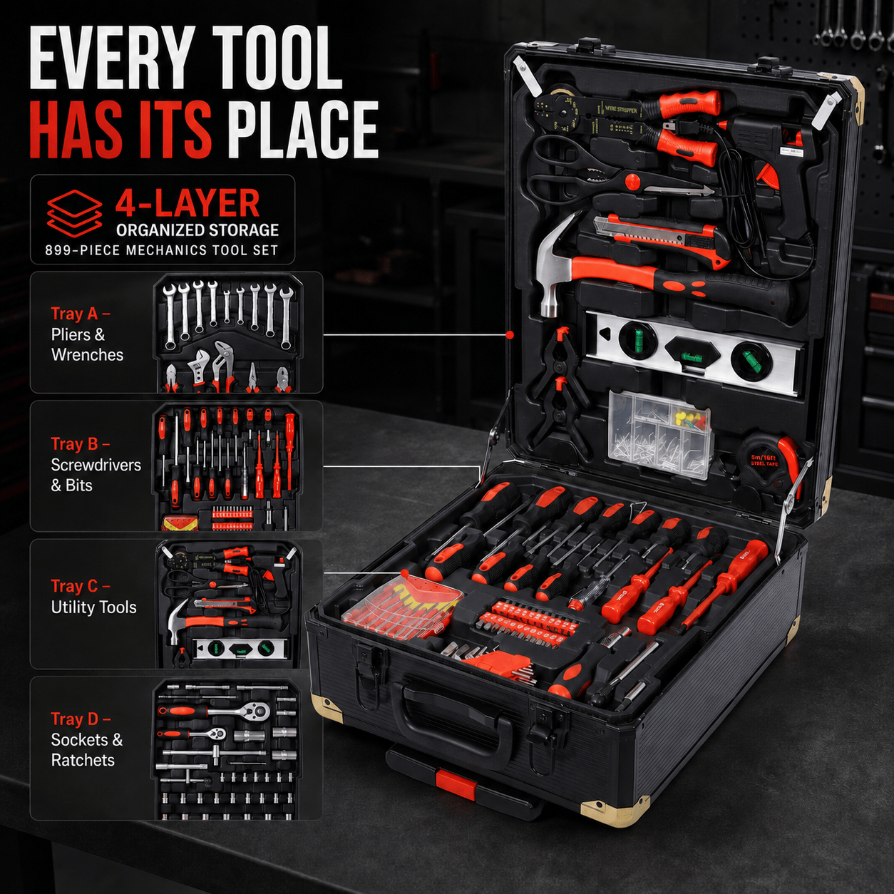 899-Piece SAE & Metric Mechanics Tool Set with Rolling Hard Case
