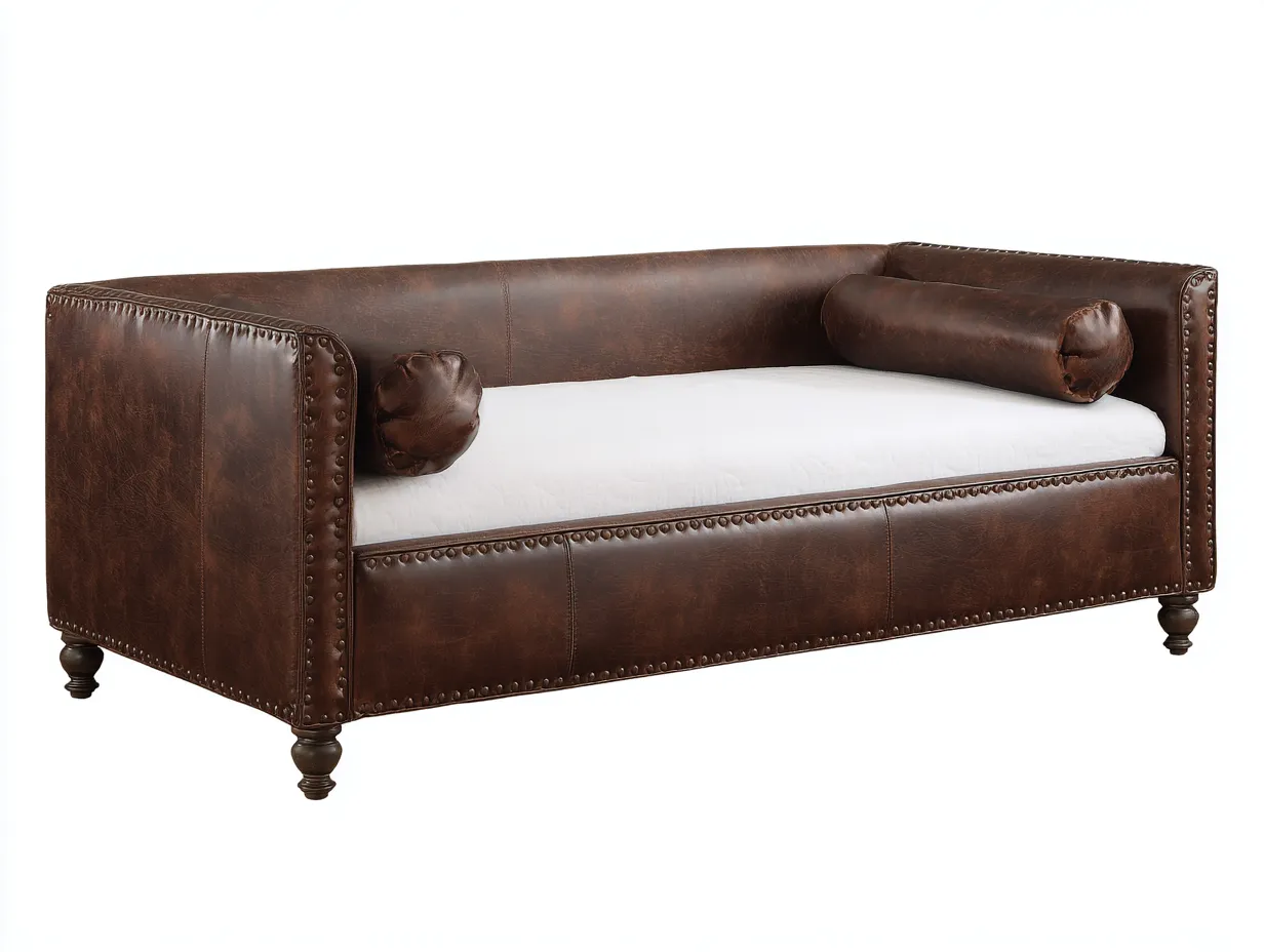 Sofá Cama de piel 212x96x88 cm - marrón y blanco - borde con tachuelas para salón-Misanahome