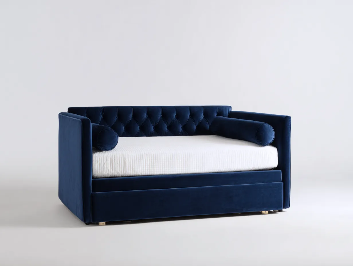 Sofá Cama de terciopelo 202x95x84 cm - azul oscuro y blanco - cama nido para salón-Misanahome
