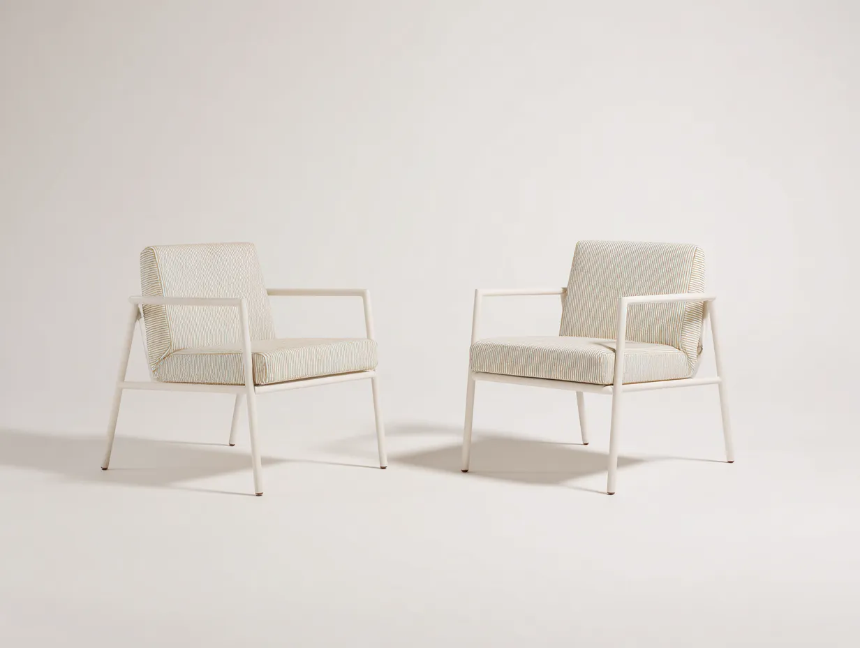 Conjunto De Sillones de metal 68x72x78 cm - blanco y beige - para exterior con cojín de rayas finas-Misanahome