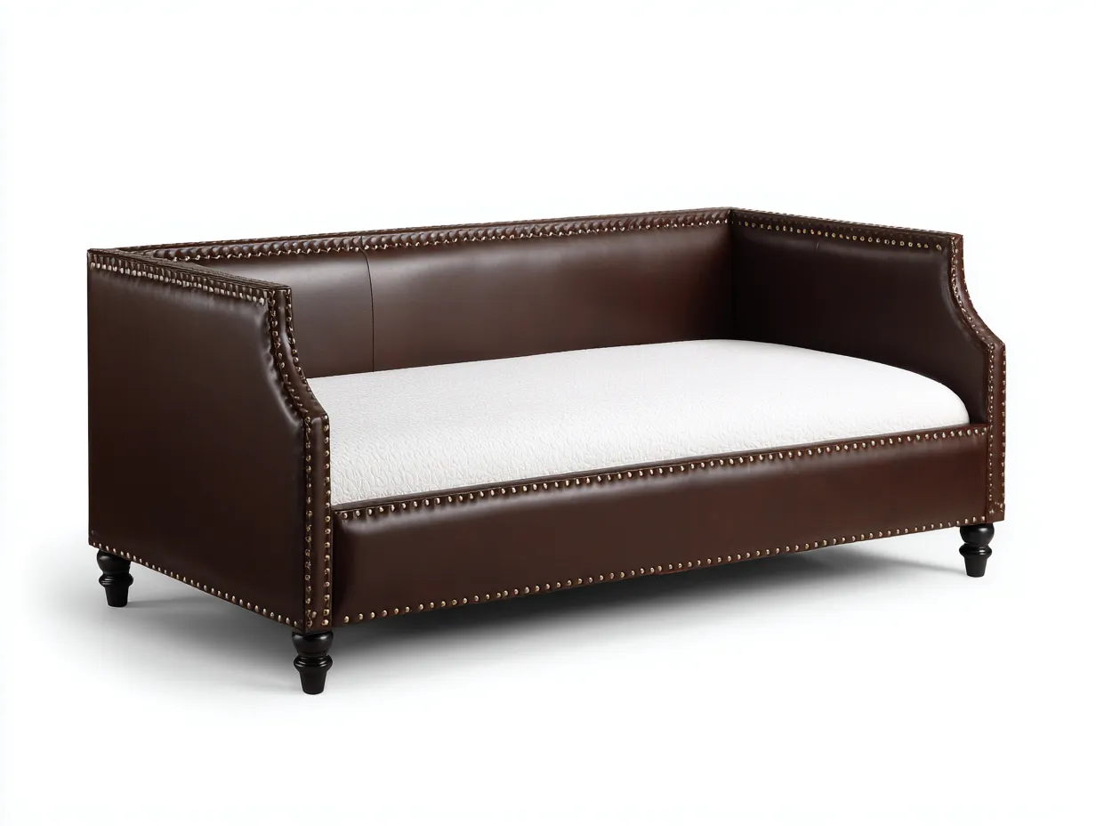 Sofá Cama de piel 208x94x86 cm - marrón oscuro y blanco - tachuelas clásicas para salón-Misanahome