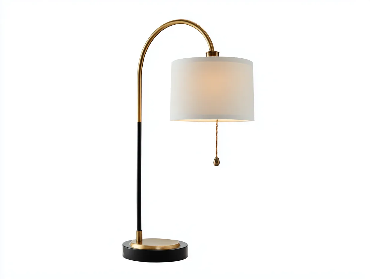 Lámpara De Mesa de metal y pantalla textil 33x20x64 cm - negro y dorado y blanco - brazo curvo para estudio-Misanahome