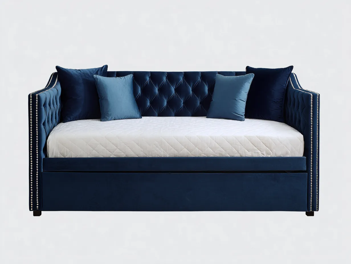 Sofá Cama de terciopelo 210x100x94 cm - azul oscuro y blanco - respaldo capitoné para salón-Misanahome