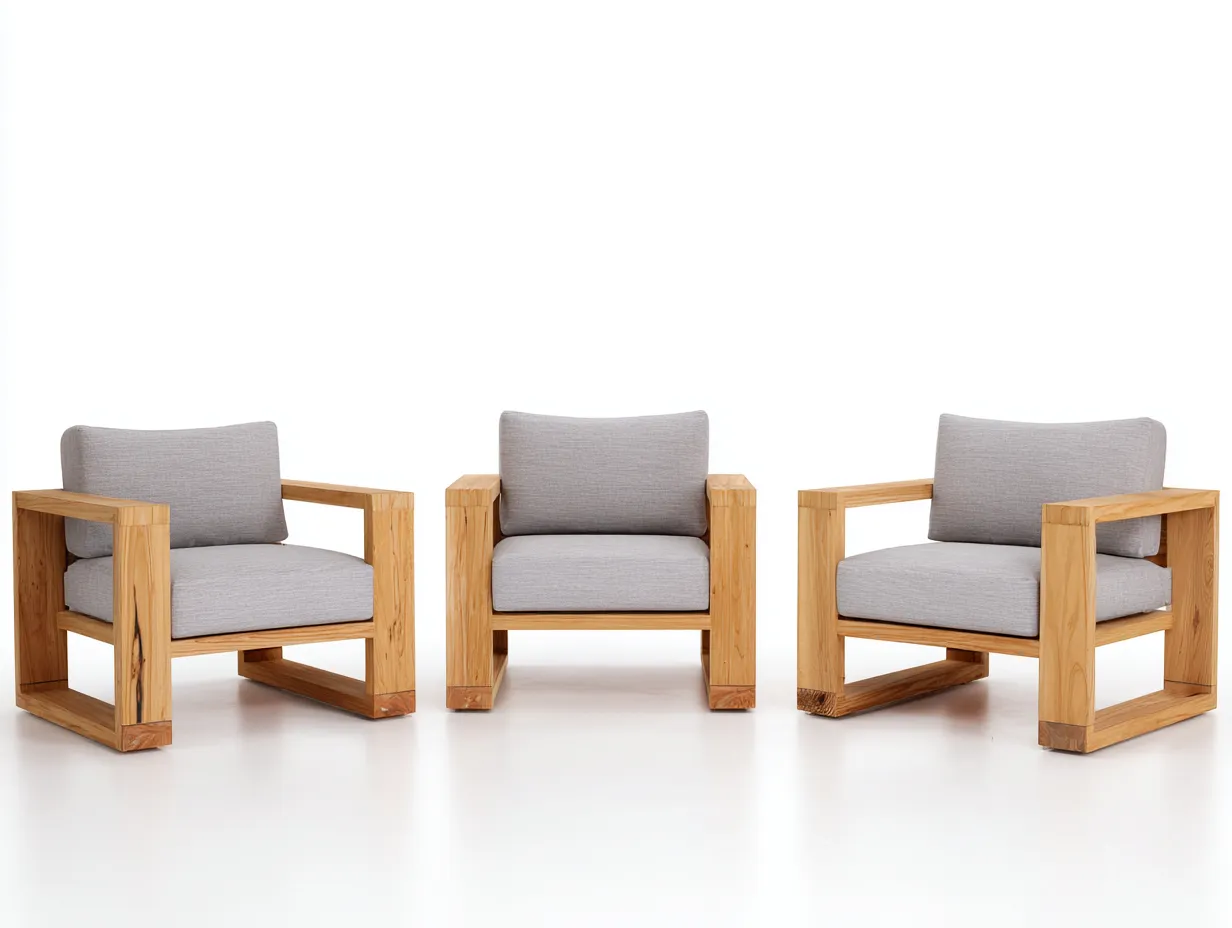 Conjunto De Sillones de madera 78x78x73 cm - natural y gris claro - para exterior con marco cúbico-Misanahome