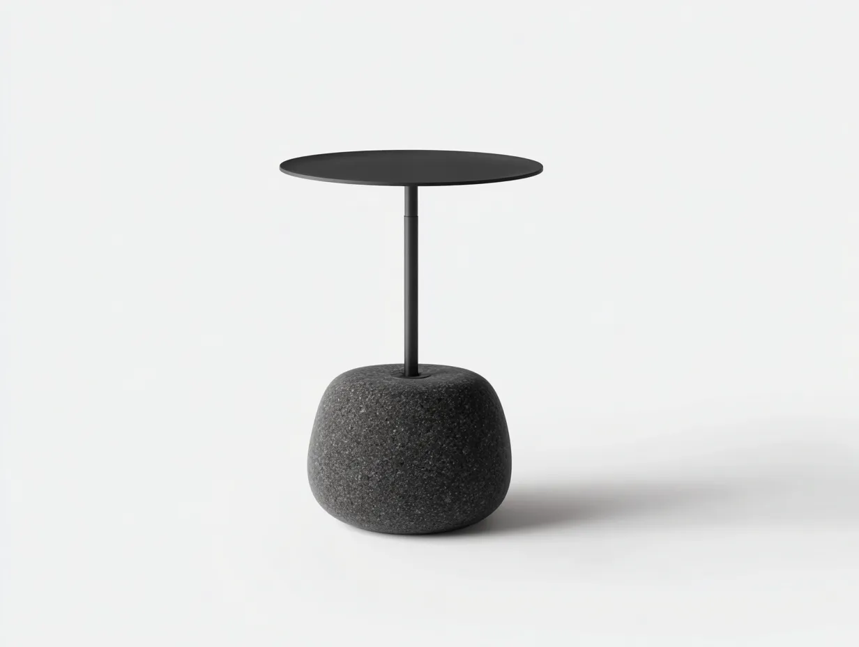 Mesa Auxiliar redonda de metal y piedra 45x45x55 cm - negro y gris oscuro - base compacta para salón-Misanahome