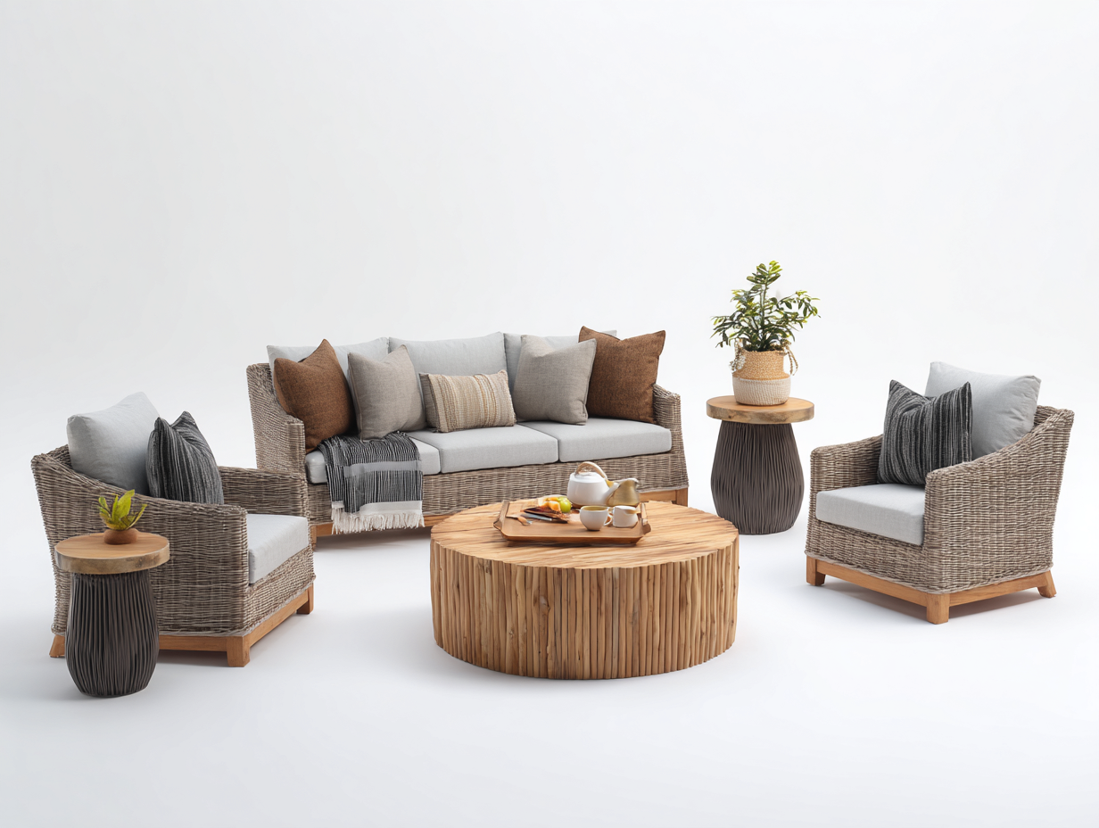 Gartensofa-Polyrattan-Holz-210x86x76 cm-Grau-Naturbraun-Modernes Lounge Design-Damorastudio