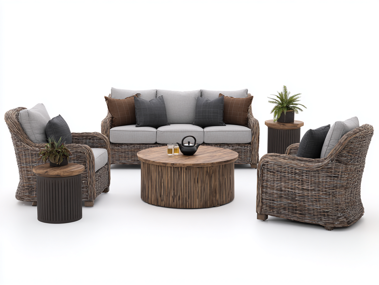 Gartensofa-Rattan-Holz-218x86x78 cm-Naturbraun-Grau-Modernes Lounge Design-Damorastudio