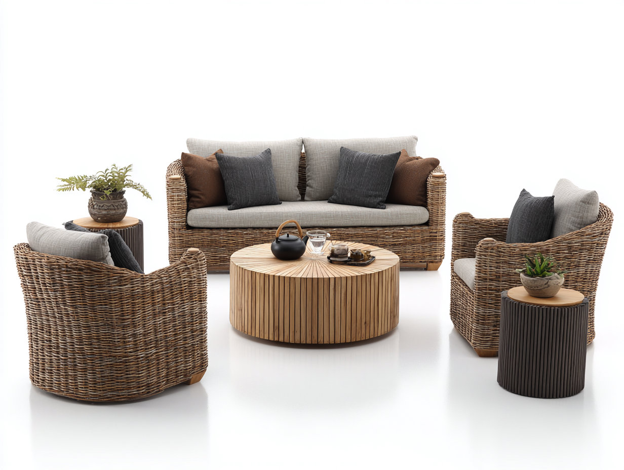Gartensofa-Rattan-Holz-198x86x78 cm-Naturbraun-Beige-Grau-Modernes Lounge Design-Damorastudio