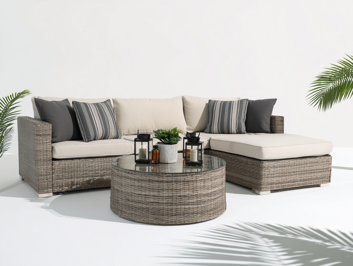 Gartensofa-Rattan-Glas-238x165x76 cm-Naturgrau-Creme-Transparent-Modernes Lounge Design-Damorastudio