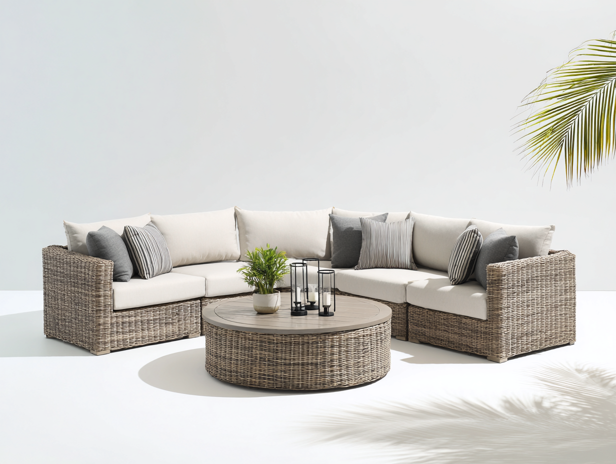 Gartensofa-Rattan-Holz-250x250x76 cm-Naturgrau-Creme-Modernes Ecklounge Design-Damorastudio