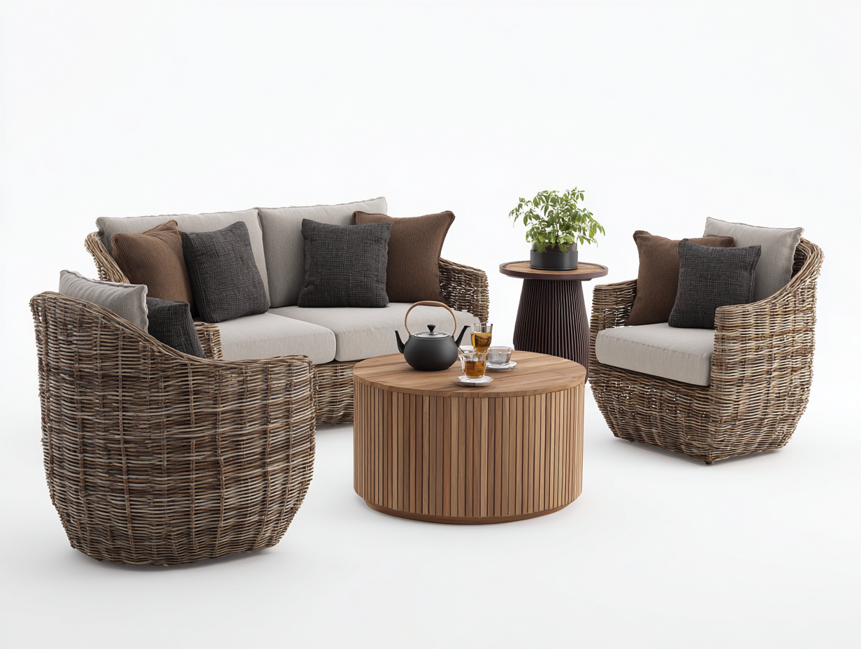 Gartensofa-Rattan-Holz-185x86x78 cm-Naturbraun-Beige-Böhmisches Lounge Design-Damorastudio