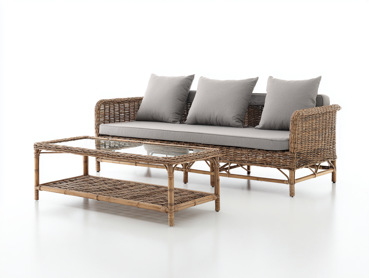 Divani da esterno 3 posti in rattan sintetico 218x82x76 cm per giardino - marrone chiaro-grigio chiaro - design naturale-Misaiahaus