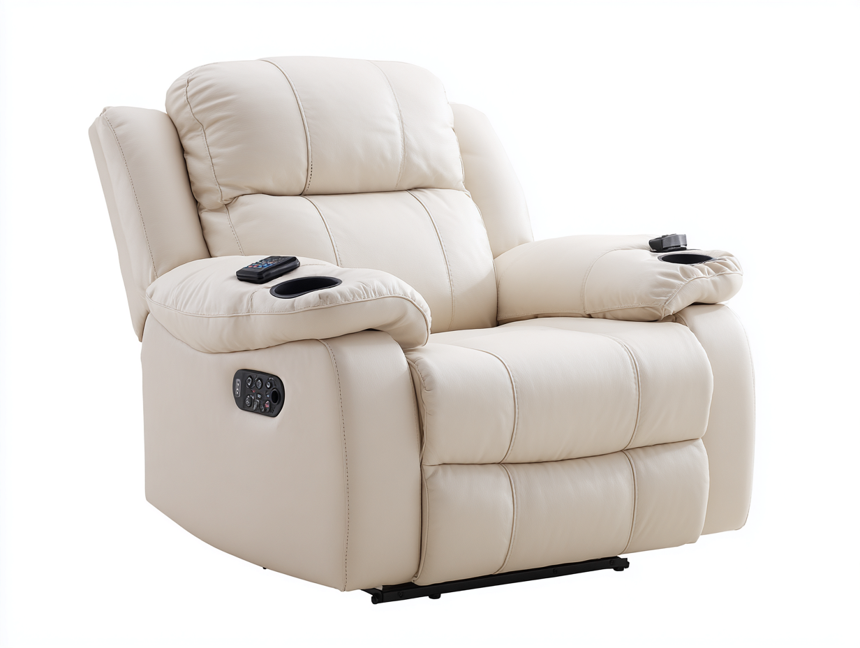 Poltrona reclinabile in pelle 94x98x110 cm - crema - stile moderno con portabicchieri per soggiorno-Misaiahaus