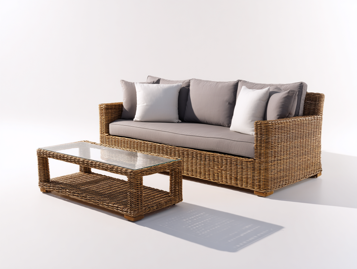 Divani da esterno in rattan sintetico 218x86x76 cm - naturale e grigio tortora - stile naturale contemporaneo per giardino e terrazza-Misaiahaus