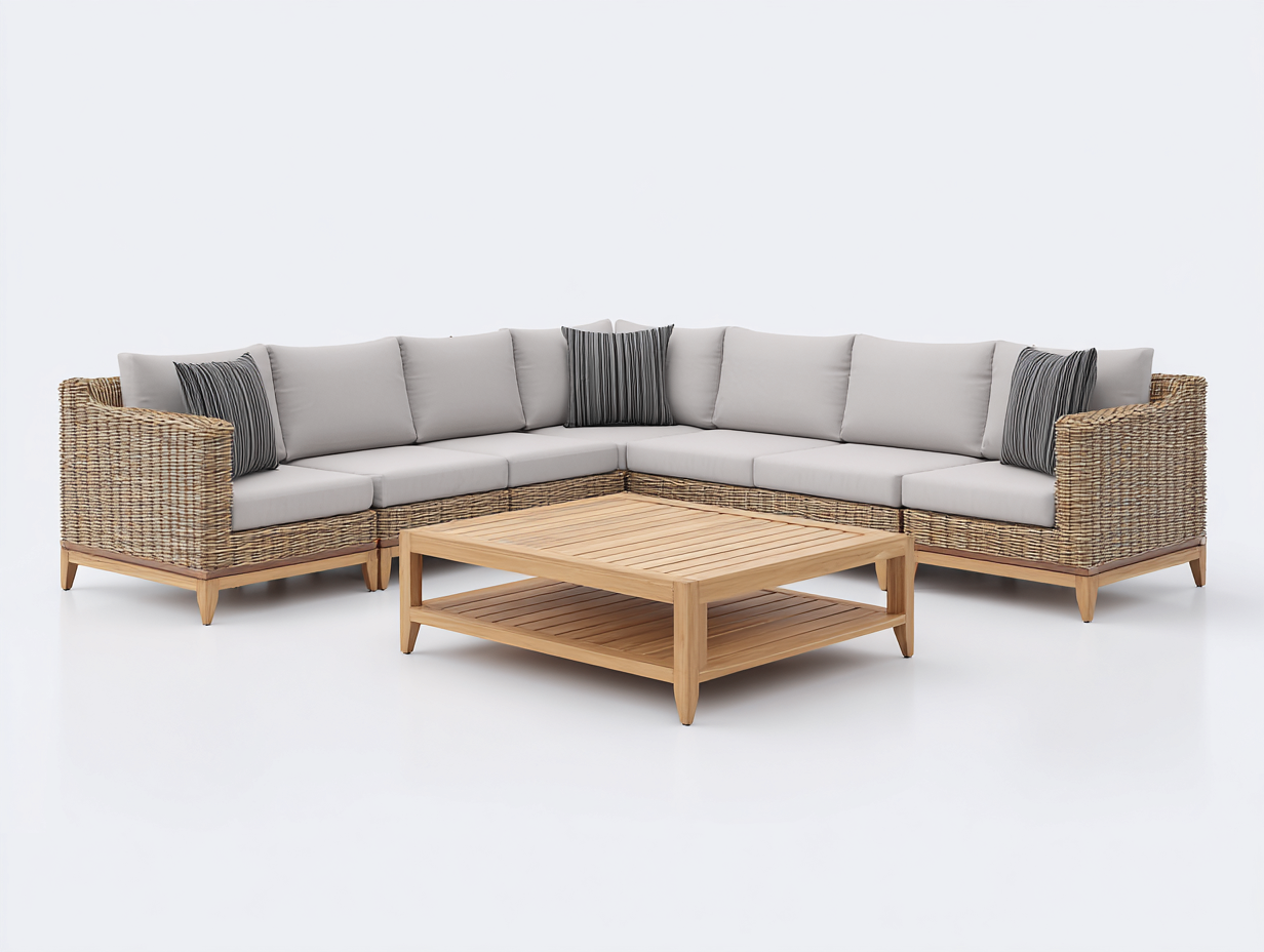 Divani da esterno angolare in rattan sintetico 286x286x76 cm per giardino - marrone chiaro-grigio chiaro - design naturale-Misaiahaus