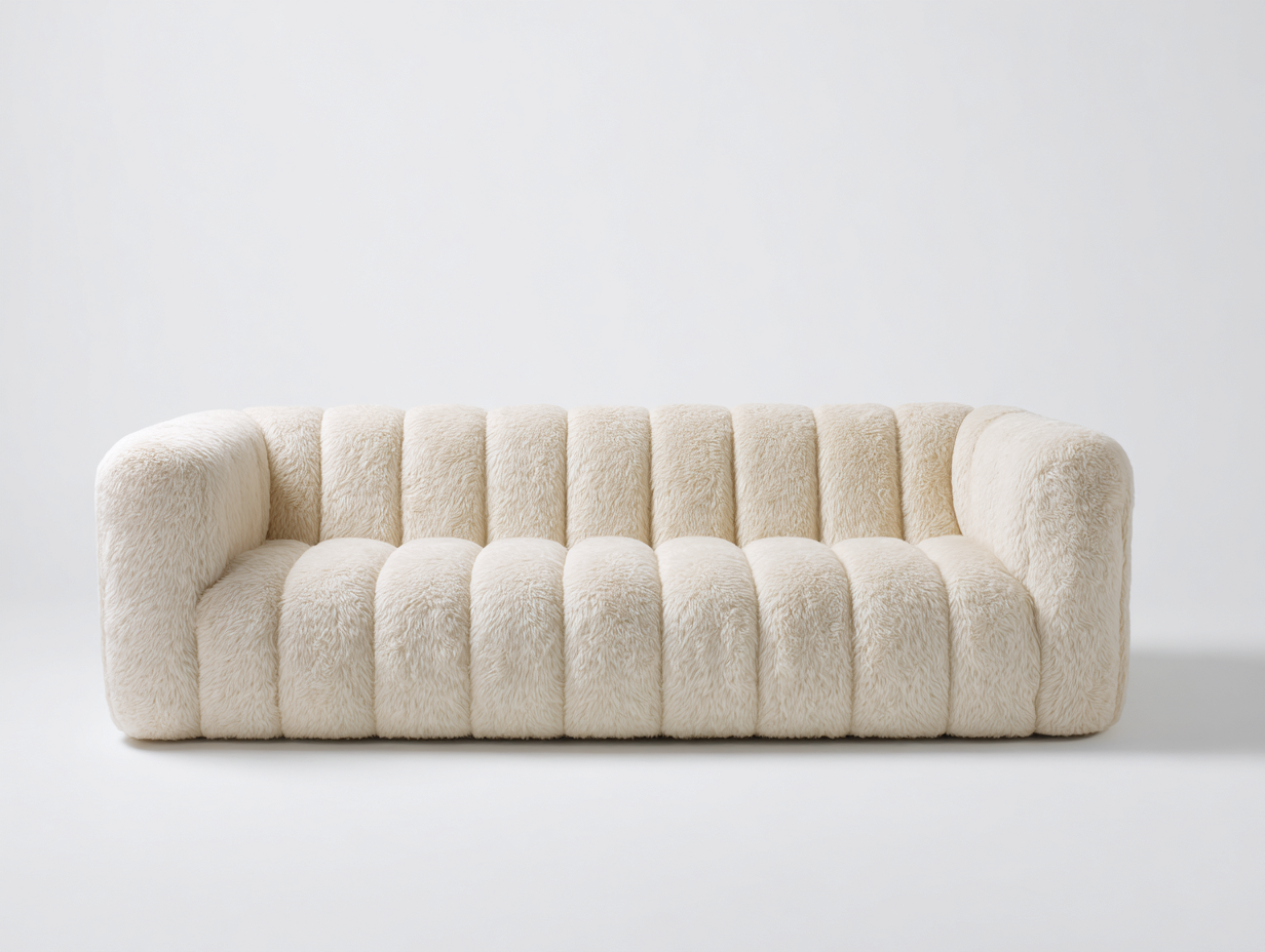 Divani a 3 posti in tessuto effetto pelliccia 238x96x76 cm - crema - stile moderno scanalato per soggiorno-Misaiahaus