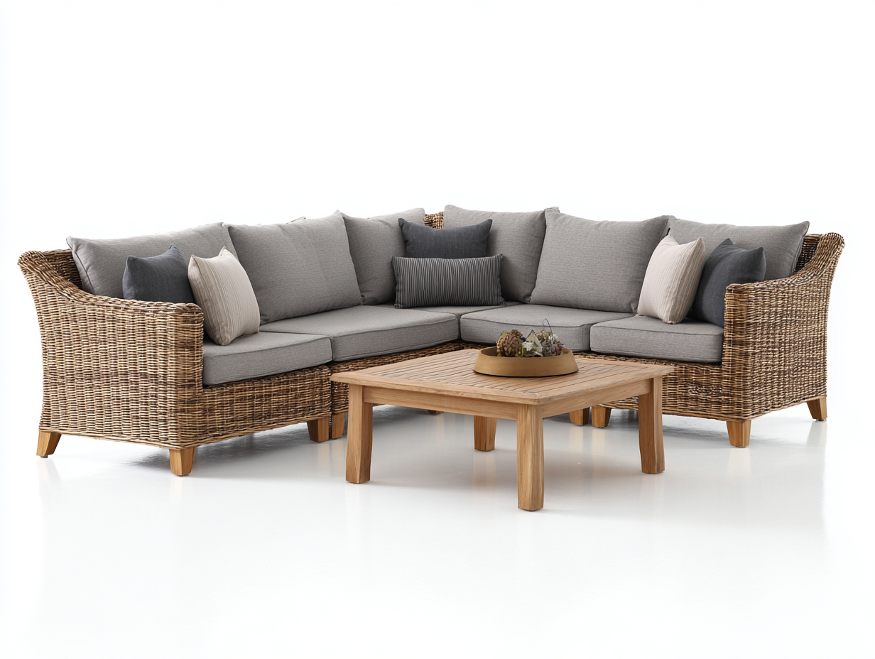 Divani da esterno angolare in rattan sintetico 240x240x78 cm per giardino - marrone chiaro-grigio - design naturale-Misaiahaus