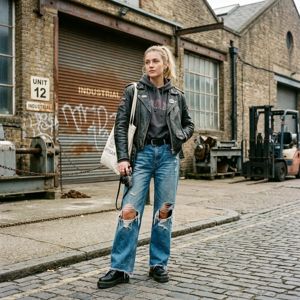 Woman wearing heavily frayed knee-ripped boyfriend jeans in vintage wash