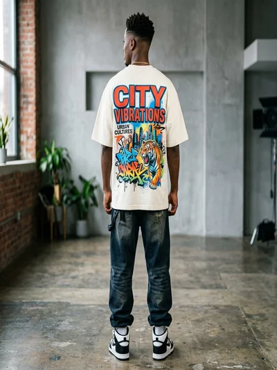 Man wearing an oversized heavyweight cream T-shirt with a huge bold custom-printed graphic on the back