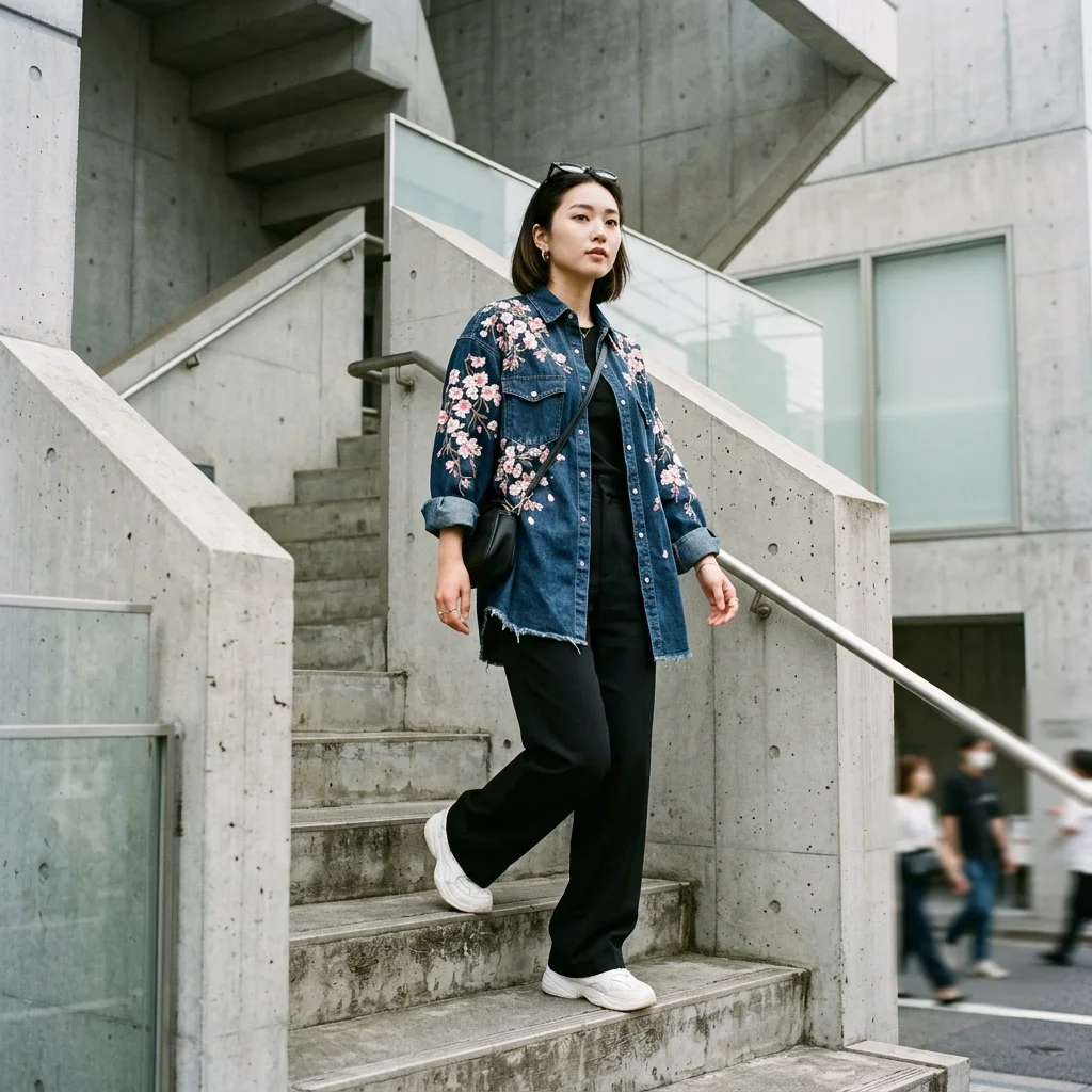 Woman wearing cherry blossom yoke embroidery crop denim jacket