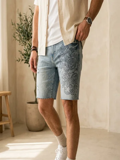 Man wearing light-wash denim shorts showing a highly visible large laser-etched floral pattern covering the front thigh