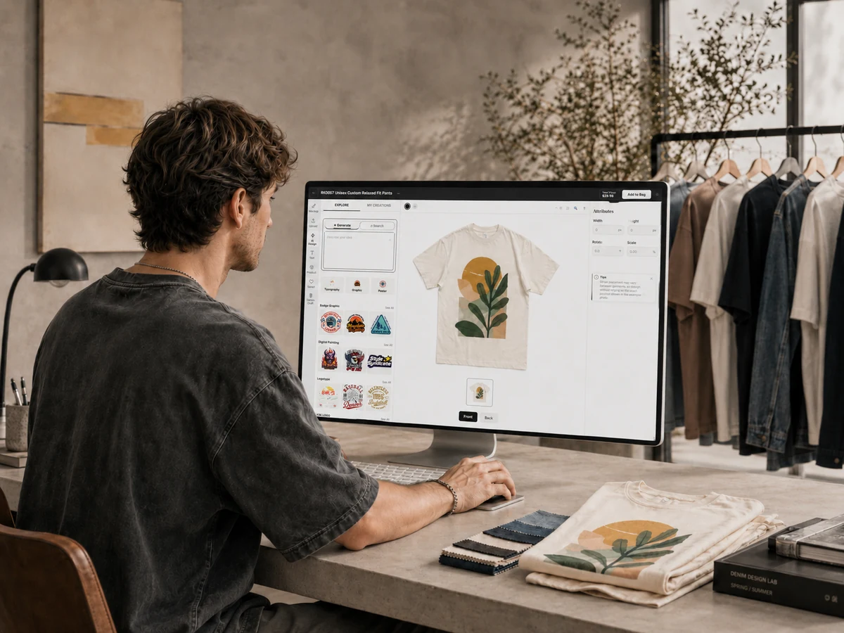 A designer customizing and previewing a T-shirt on a computer