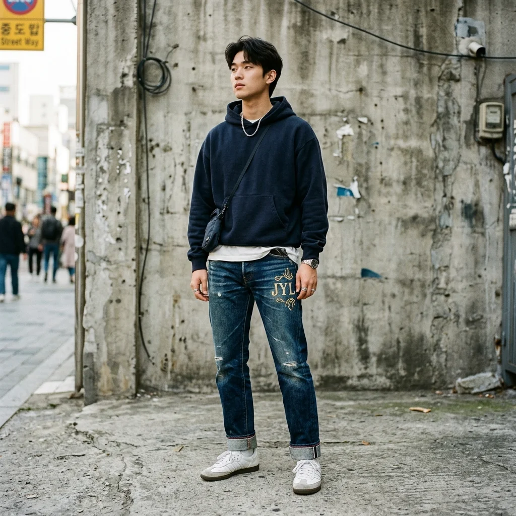 Woman wearing contrast orange chain-stitched cargo jeans in rigid wash