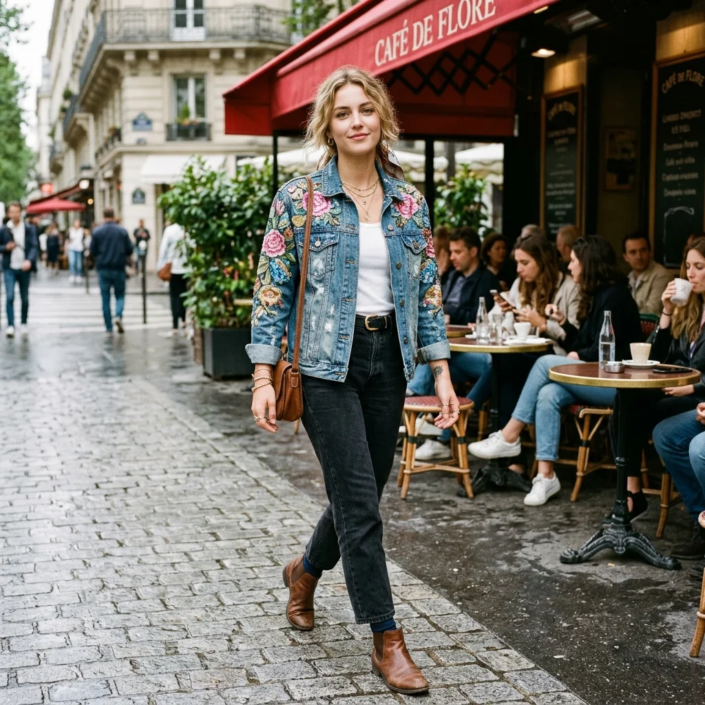 Man wearing raw selvedge denim jacket with custom satin crane embroidery