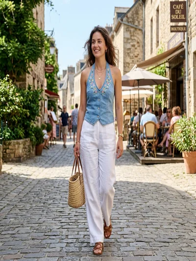 Woman wearing a light blue denim halter top with delicate colorful floral embroidery