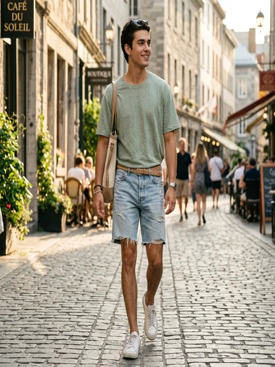 Man wearing light-wash frayed denim shorts with small rips and distressed texture
