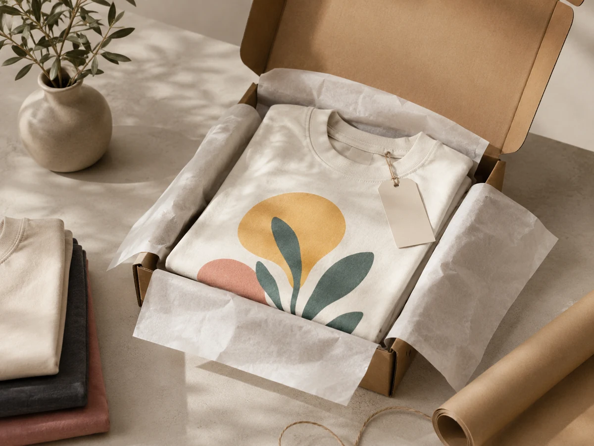 A finished printed T-shirt packed in a shipping box