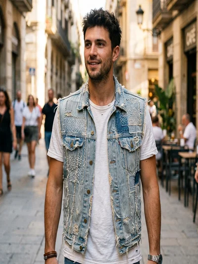 Man wearing a light-wash denim vest with highly visible sashiko patchwork and hand-shredded frayed seams