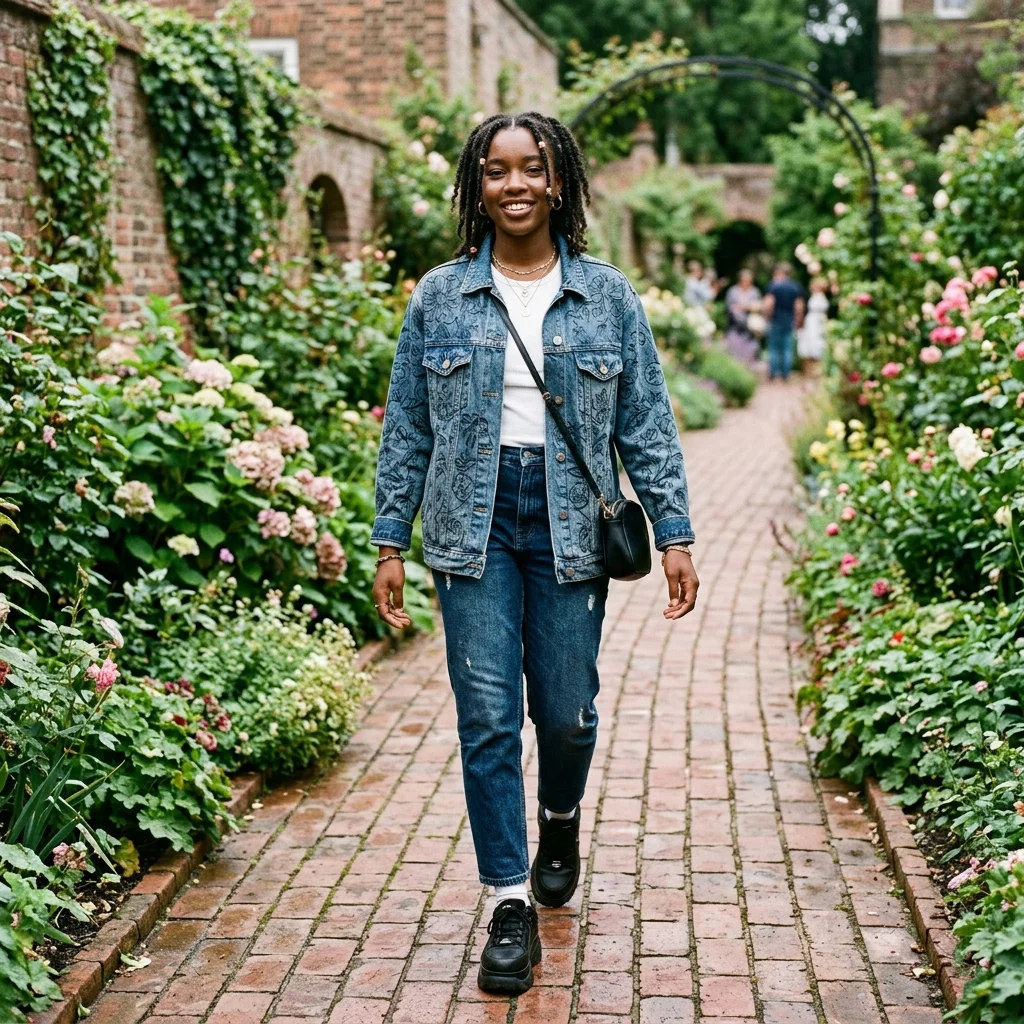 Woman wearing laser-etched high-density floral denim relaxed wide-leg jeans
