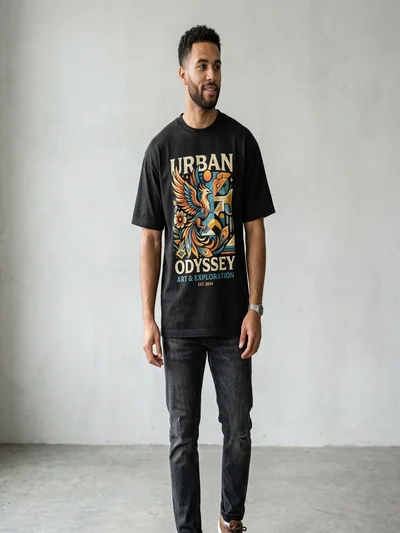 Man wearing a vintage black T-shirt showing a large custom-printed graphic on the chest
