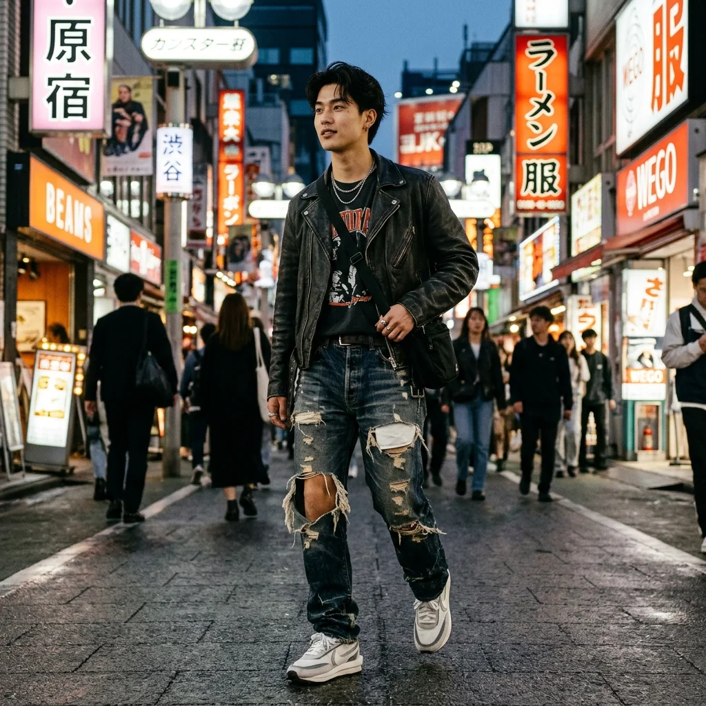 Man wearing custom-shredded slim jeans showcasing heavy distress details