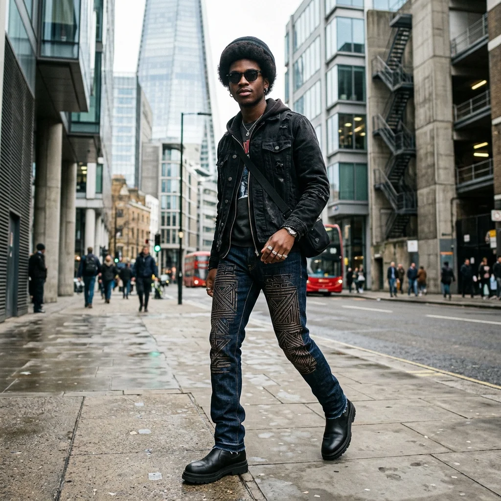 Man wearing laser-etched geometric grid jeans with high-contrast wash