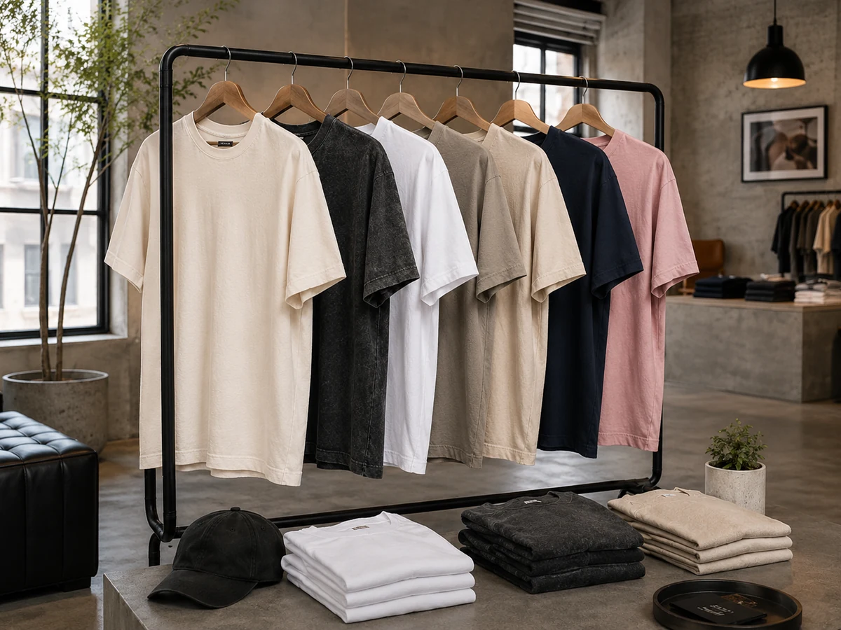 A selection of blank T-shirts in different colors and styles